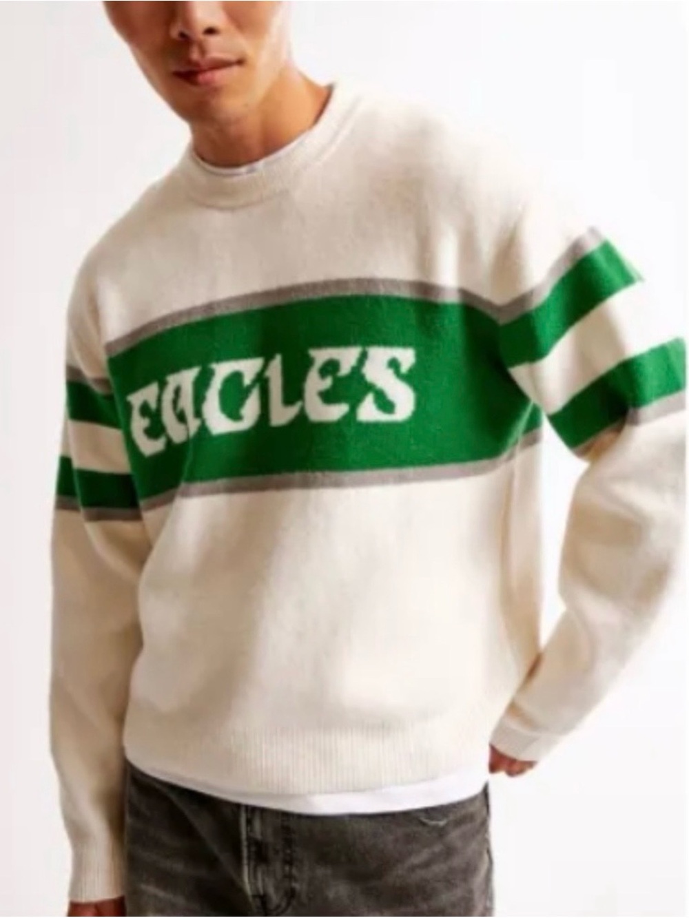 Abercrombie & Fitch White and Green 'Eagles' Crewneck Sweater
